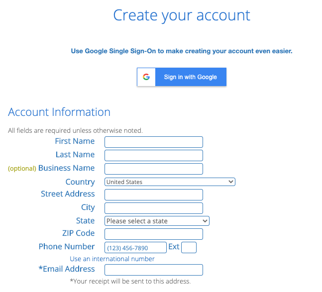 Creating an account with Bluehost